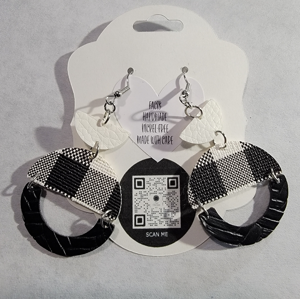 Black Textured, Black/White Buffalo Plaid, White 3-Tier Faux Leather Earrings 2"